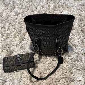 Coach Black Signature Canvas Tote with Matching Wallet